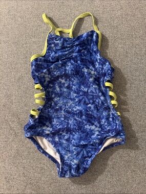 5/$15- Blue Tie-Dye Girls' One-Piece Swimsuit with Yellow Straps